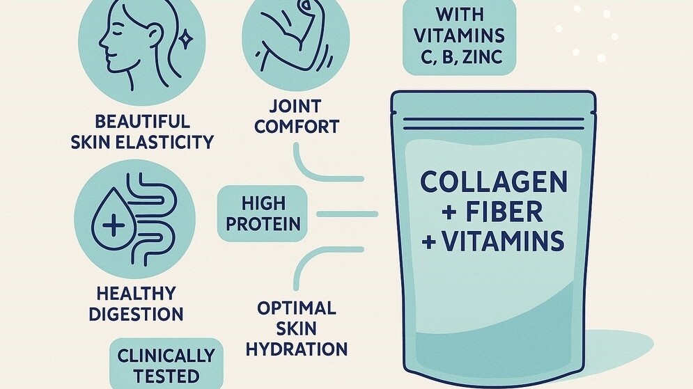 Infografik zu Kollagen mit Vitaminen und Ballaststoffen – unterstützt Haut, Gelenke, Darmbalance, Energie und Fokus.