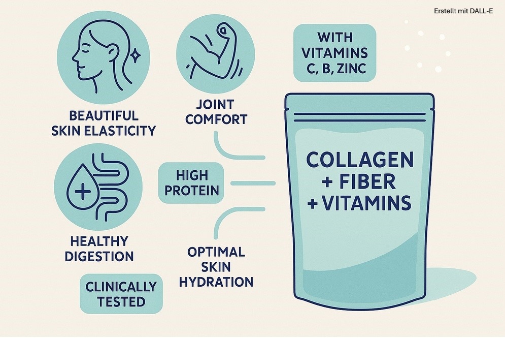 Infografik zu Kollagen mit Vitaminen und Ballaststoffen – unterstützt Haut, Gelenke, Darmbalance, Energie und Fokus.