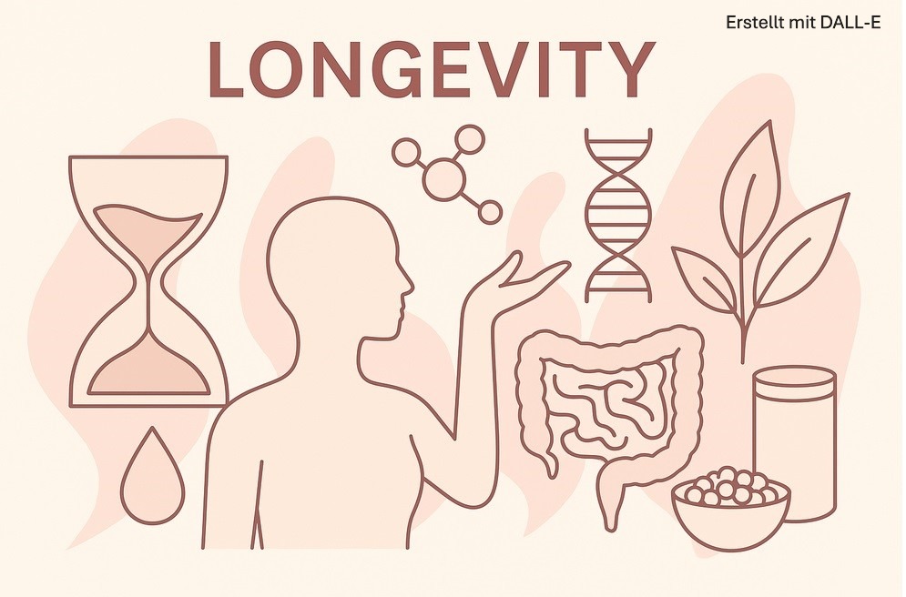 Illustration zum Thema Longevity: Silhouette eines Menschen mit ausgestrecktem Arm, umgeben von Symbolen für Gesundheit und Langlebigkeit – darunter eine Sanduhr, DNA-Strang, Darm, Molekülstruktur, Pflanzenblätter, ein Nahrungsergänzungsglas und eine Schale mit Beeren.
