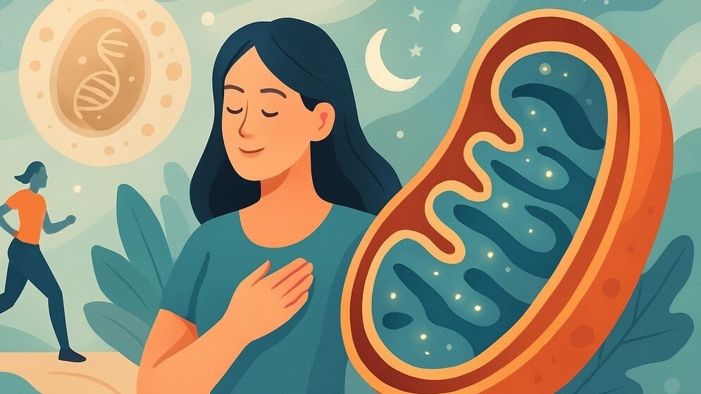 Illustration of a woman and a mitochondrion representing the importance of cellular health and mitochondria for longevity and energy.