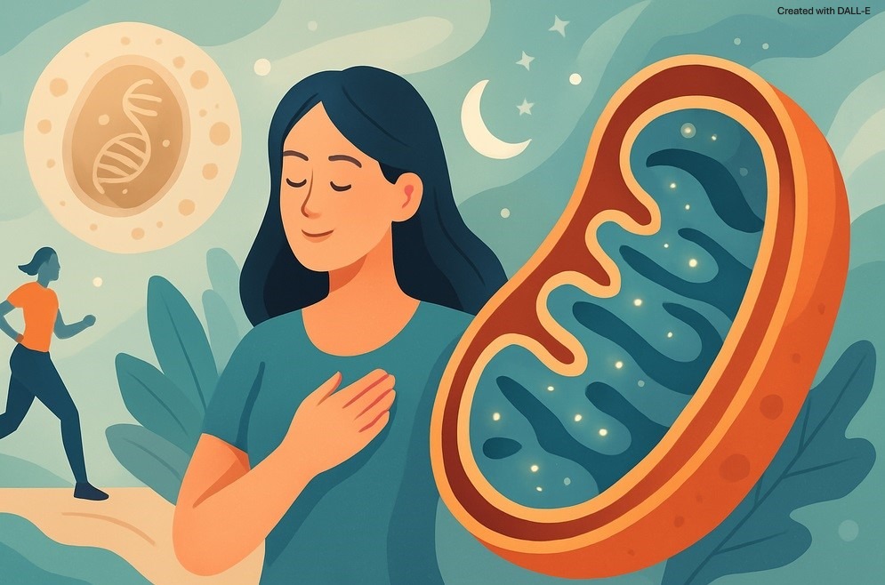 Illustration of a woman and a mitochondrion representing the importance of cellular health and mitochondria for longevity and energy.