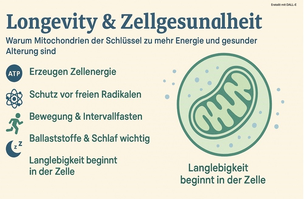 Illustration zu Zellgesundheit und Langlebigkeit mit Fokus auf Mitochondrien, Bewegung, Antioxidantien und Ernährung – Longevity beginnt in der Zelle.
