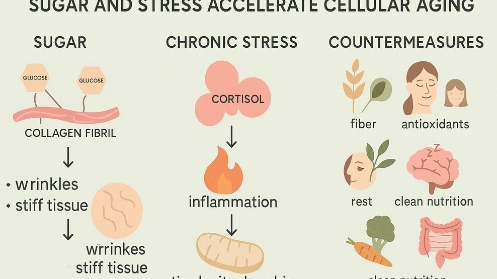 Infographic: How sugar and chronic stress accelerate cellular aging – with visuals of glycation, inflammation, oxidative stress, and lifestyle-based countermeasures