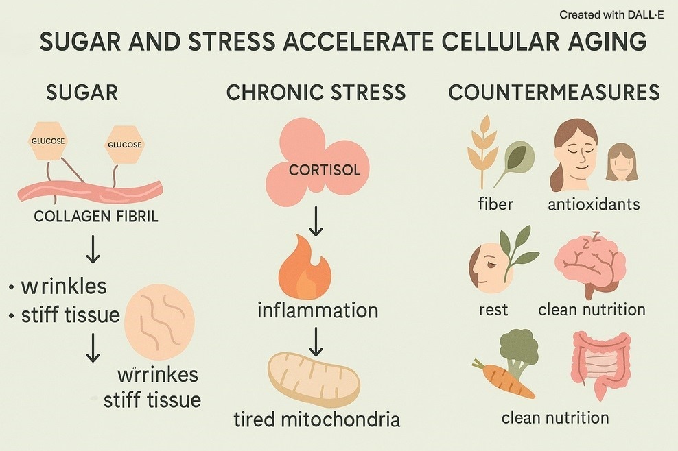 Infographic: How sugar and chronic stress accelerate cellular aging – with visuals of glycation, inflammation, oxidative stress, and lifestyle-based countermeasures