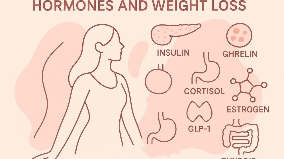 Illustration showing how hormones like insulin, ghrelin, cortisol, estrogen, GLP-1, and thyroid hormones influence weight loss and metabolism in women. Ideal for articles about hormonal weight regulation.