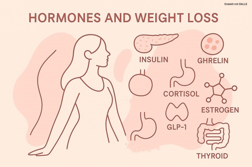 Illustration showing how hormones like insulin, ghrelin, cortisol, estrogen, GLP-1, and thyroid hormones influence weight loss and metabolism in women. Ideal for articles about hormonal weight regulation.