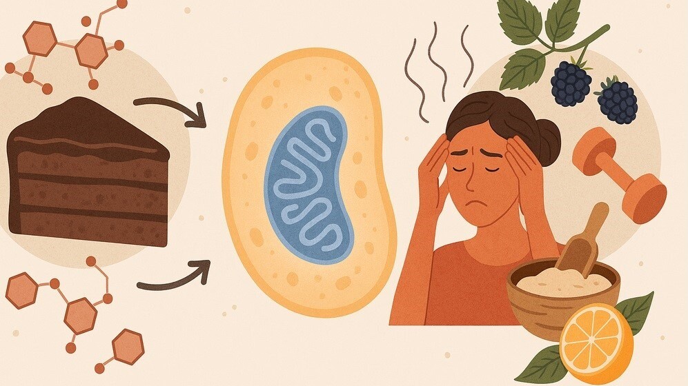 Illustration zu Zellalterung durch Zucker und Stress – mit Fokus auf freie Radikale, Glykation und Unterstützung durch Antioxidantien und Ballaststoffe