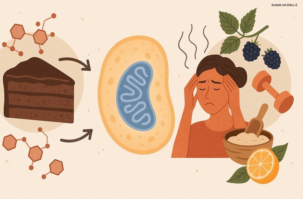 Illustration zu Zellalterung durch Zucker und Stress – mit Fokus auf freie Radikale, Glykation und Unterstützung durch Antioxidantien und Ballaststoffe