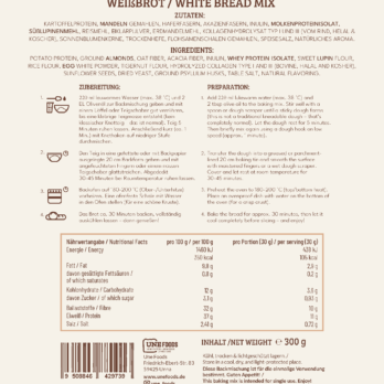 Protein-Fiber Weißbrot Backmischung – Produktverpackung Rückseite mit Zutatenliste, Nährwertangaben und Zubereitungshinweisen