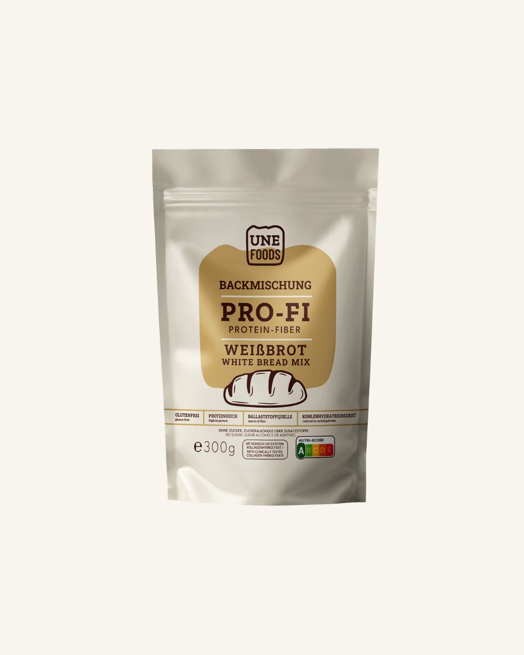 UNE Foods PRO-FI Brotbackmischung glutenfreies Weißbrot in 300 g Beutel – protein- und ballaststoffreiches Lower Carb Weißbrot