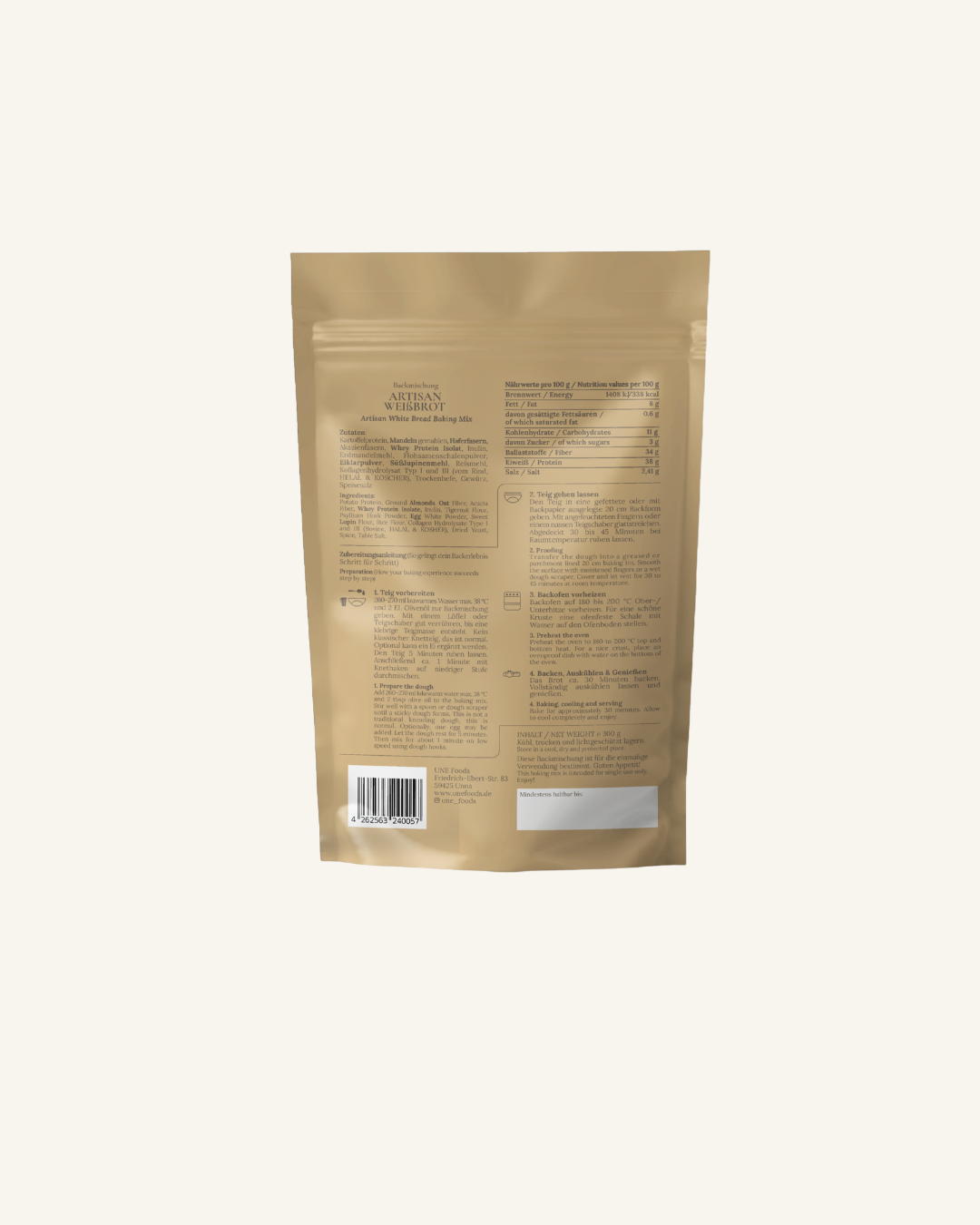 Rückseite der UNE Foods Backmischungen Artisan Weißbrot 2x 300 g mit Nährwerttabelle, Zutaten- und Allergenangaben sowie Zubereitungshinweis