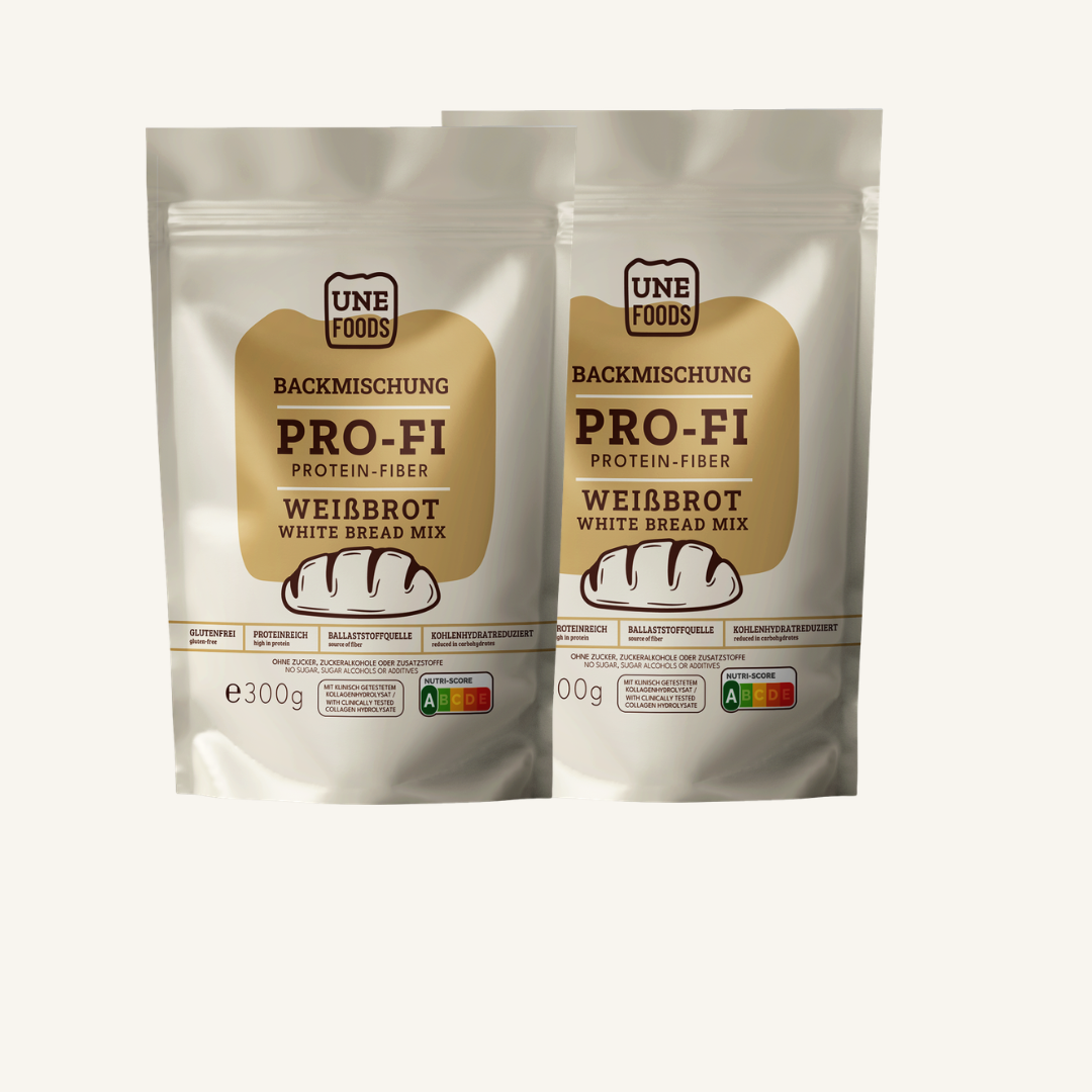 Glutenfreie Proteinbrot Backmischung von UNE Foods für ballaststoffreiches Weißbrot mit hohem Proteingehalt und wenig Kohlenhydraten.