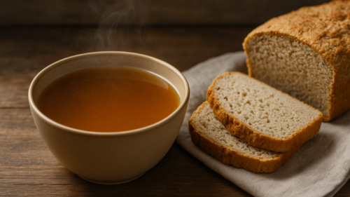 UNE Foods BONE BROTH Brot mit Hinweis Proteinreiches glutenfreies Brot neben Tasse Knochenbruehe