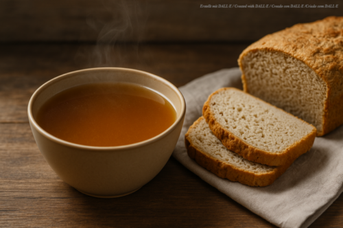 UNE Foods BONE BROTH Brot mit Hinweis Proteinreiches glutenfreies Brot neben Tasse Knochenbruehe