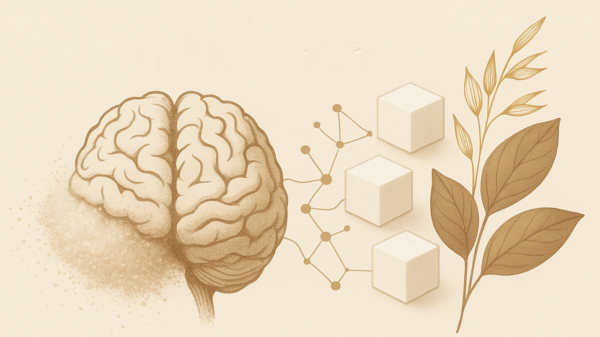 Infografik Zucker und Gehirn Zusammenhang zwischen Zuckerkonsum und Alzheimer Risiko mit Gehirn Molekuelen und Pflanzensymbolik