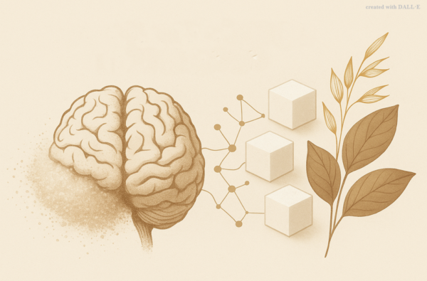 Infografik Zucker und Gehirn Zusammenhang zwischen Zuckerkonsum und Alzheimer Risiko mit Gehirn Molekuelen und Pflanzensymbolik