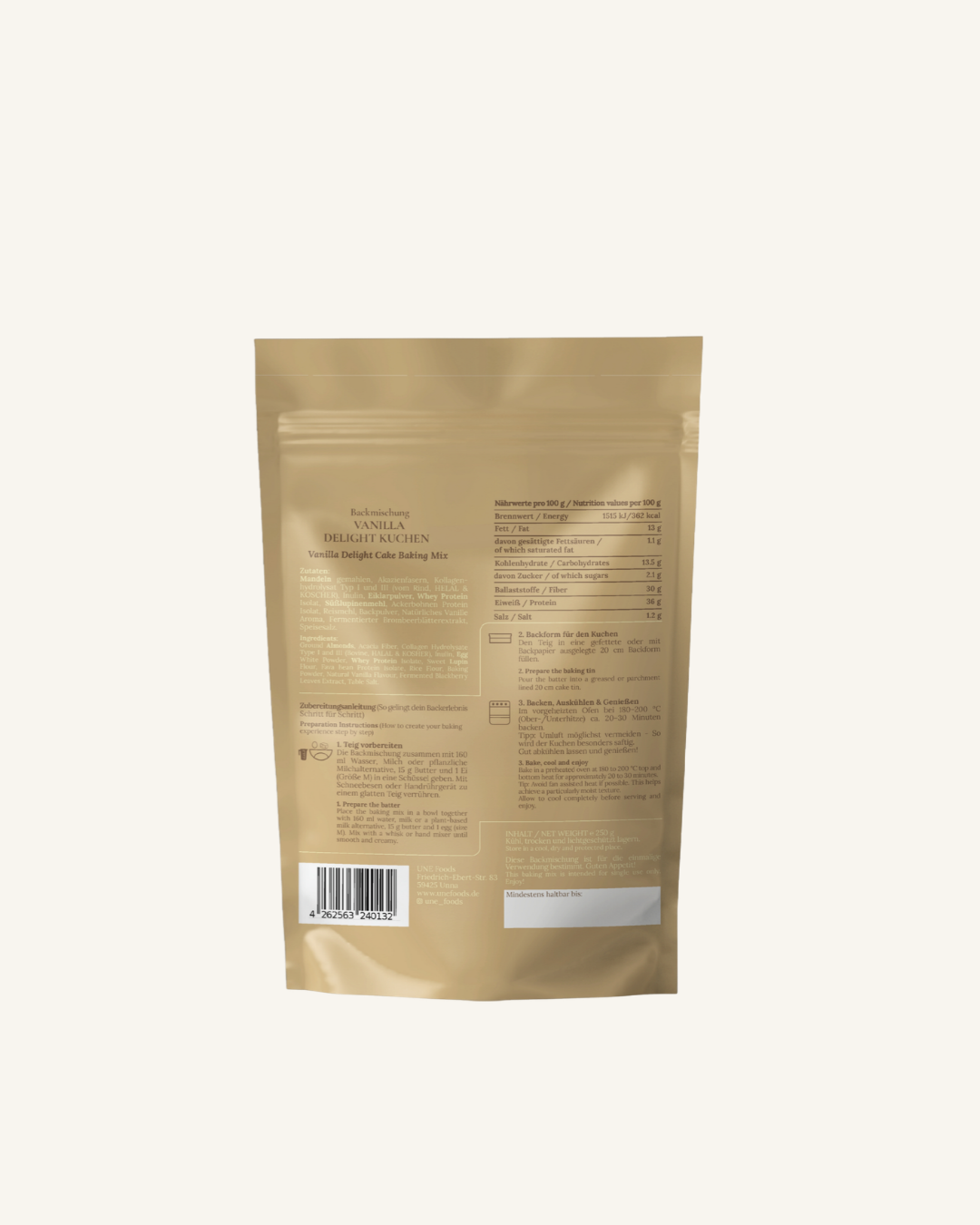 Rückseite der UNE Foods Vanilla Delight Cake Backmischung (250 g) mit Zutatenliste, Nährwerttabelle und Zubereitungsanleitung für glutenfreien Vanillekuchen.