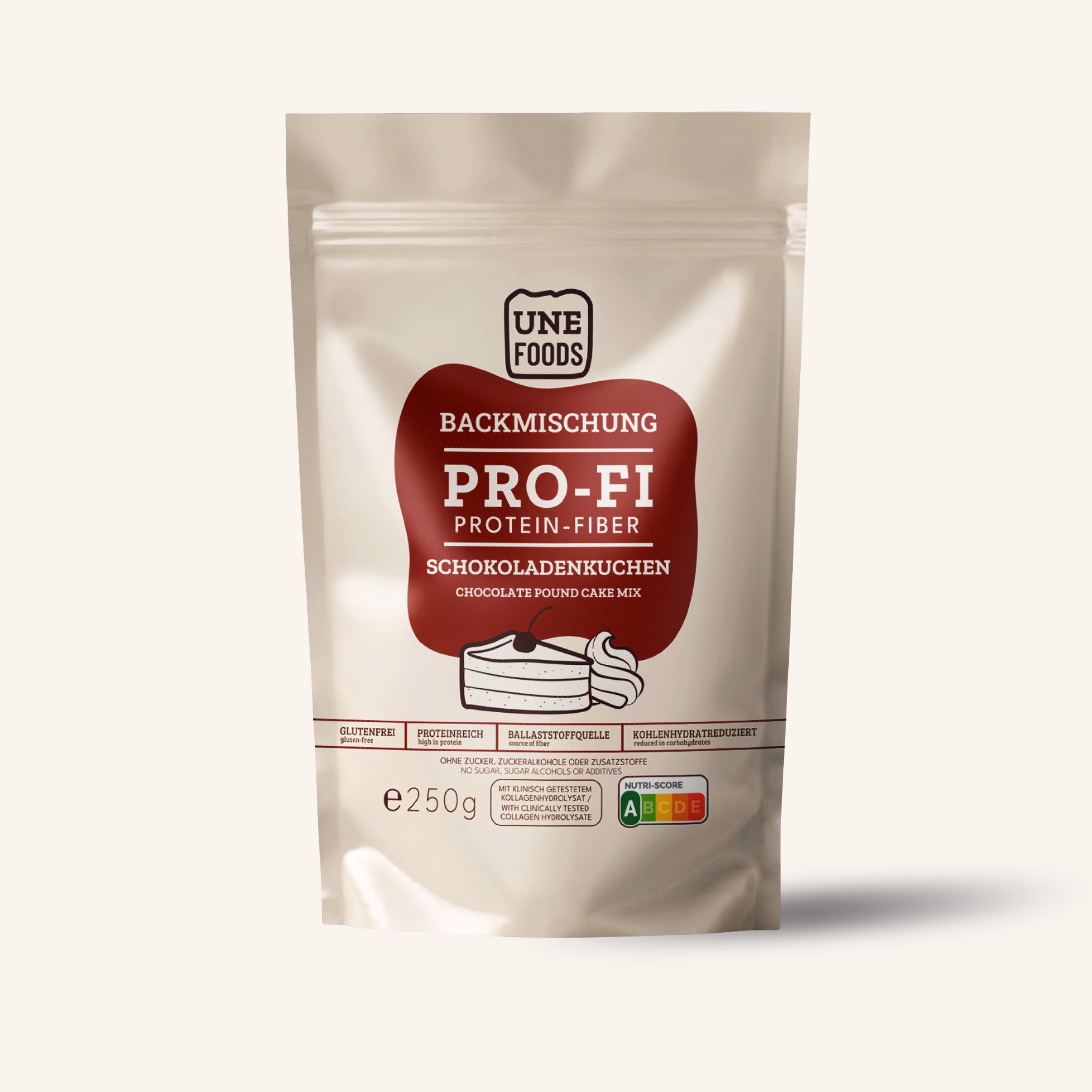 UNE Foods PROFI Backmischung Schokokuchen glutenfrei 250 g Packung Proteinreich
