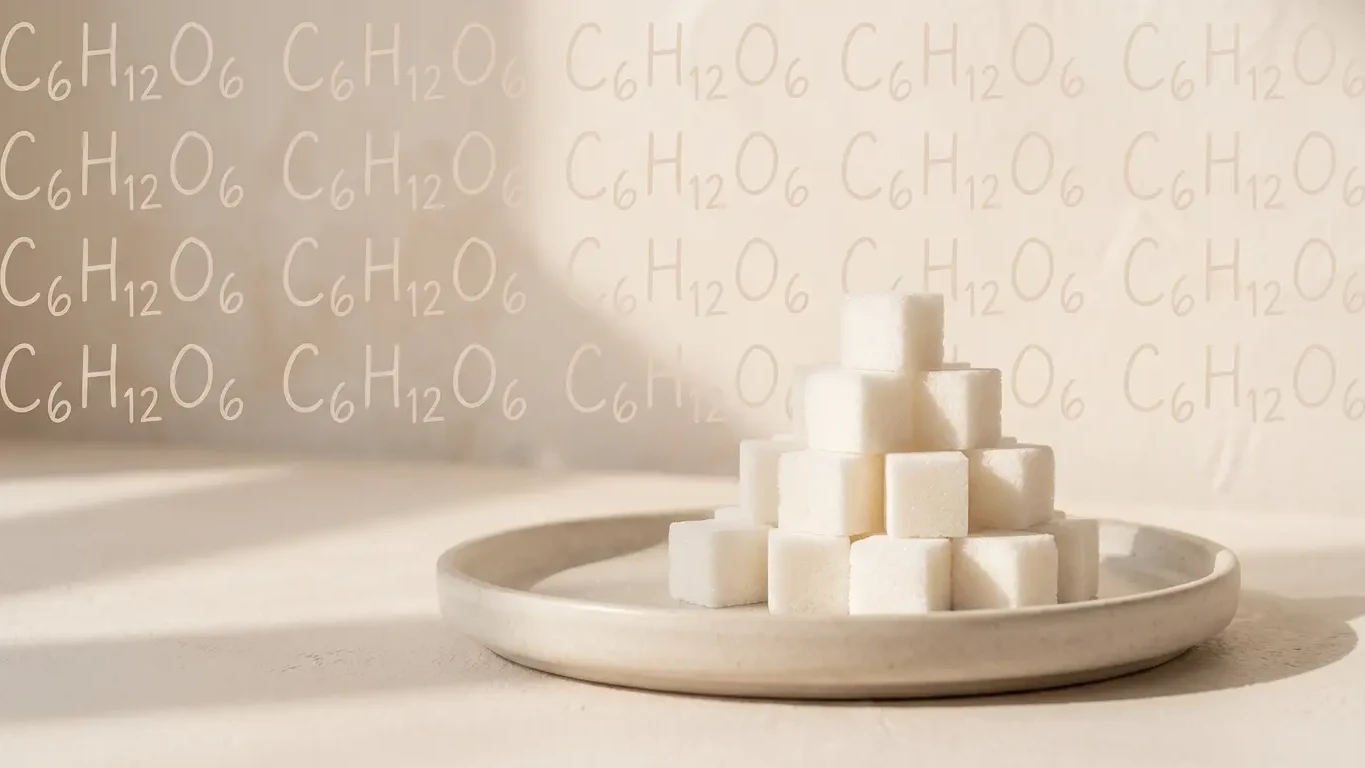 Wissenschaftliche Illustration von Zuckermolekülen Glucose und Fructose in warmen Pastelltönen