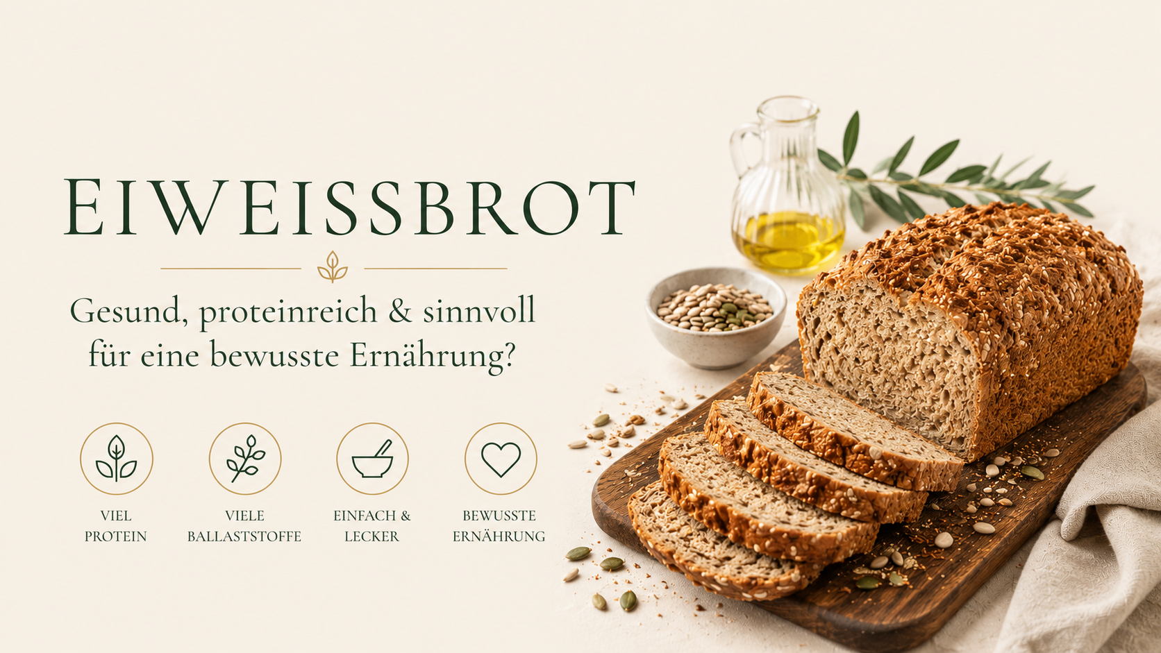 Frisch angeschnittenes Eiweißbrot mit Saaten auf einem Holzbrett. Proteinreiches und ballaststoffreiches Brot mit natürlichen Zutaten als Symbolbild für Eiweißbrot und Proteinbrot von UNE Foods (Unique Nutrition Experience).