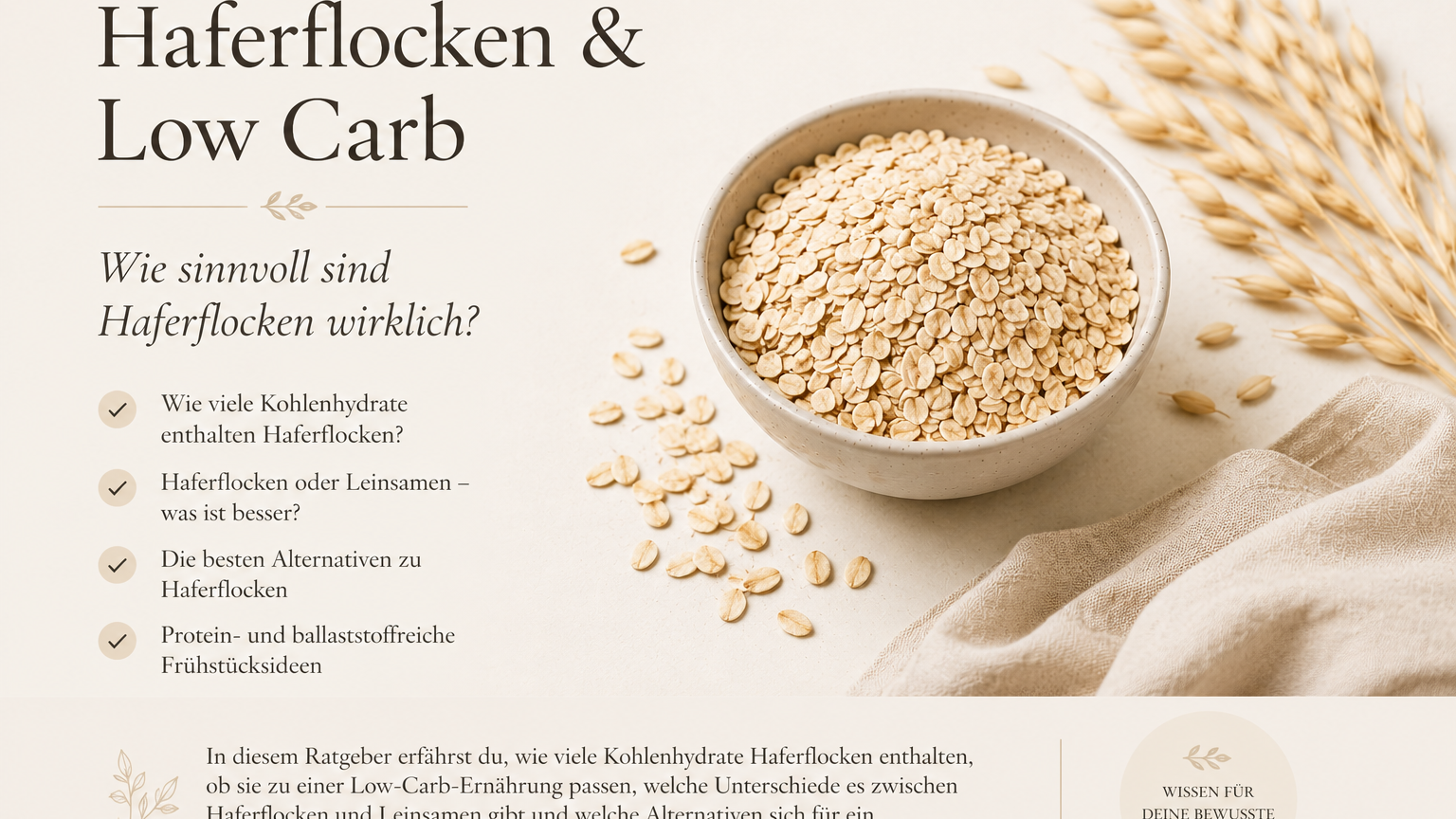 Haferflocken in einer Schale mit Haferähren auf hellem Hintergrund. Symbolbild für Haferflocken, Kohlenhydrate, Low Carb, Leinsamen und Alternativen zum Frühstück.