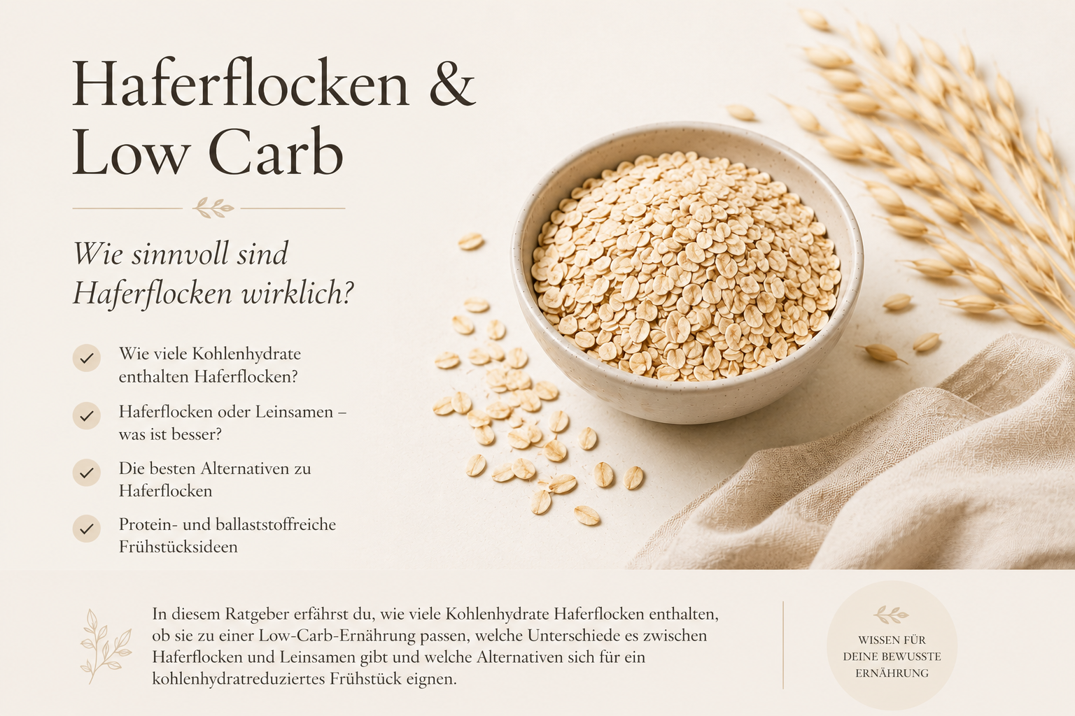 Haferflocken in einer Schale mit Haferähren auf hellem Hintergrund. Symbolbild für Haferflocken, Kohlenhydrate, Low Carb, Leinsamen und Alternativen zum Frühstück.