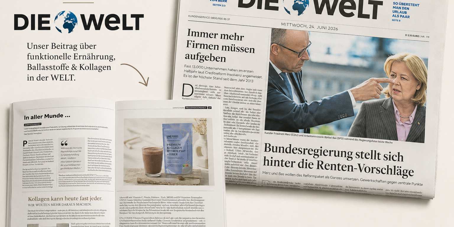 Veröffentlichung von UNE Foods in der WELT: Zeitungsartikel über funktionelle Ernährung, ballaststoffreiche Lebensmittel, Kollagen und die Clean-Label-Produkte von UNE Foods.