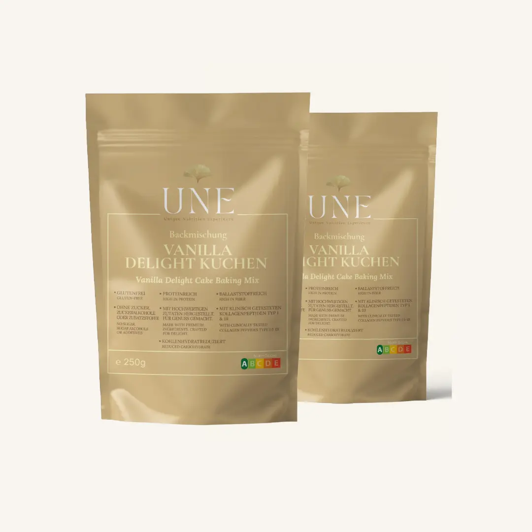 Backmischung für Vanilla Delight Kuchen von UNE Foods, proteinreich, glutenfrei und ballaststoffreich