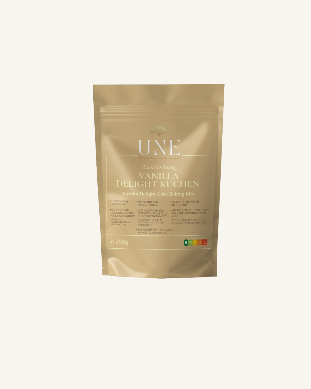 Backmischung für Vanilla Delight Kuchen von UNE Foods, proteinreich, glutenfrei und ballaststoffreich