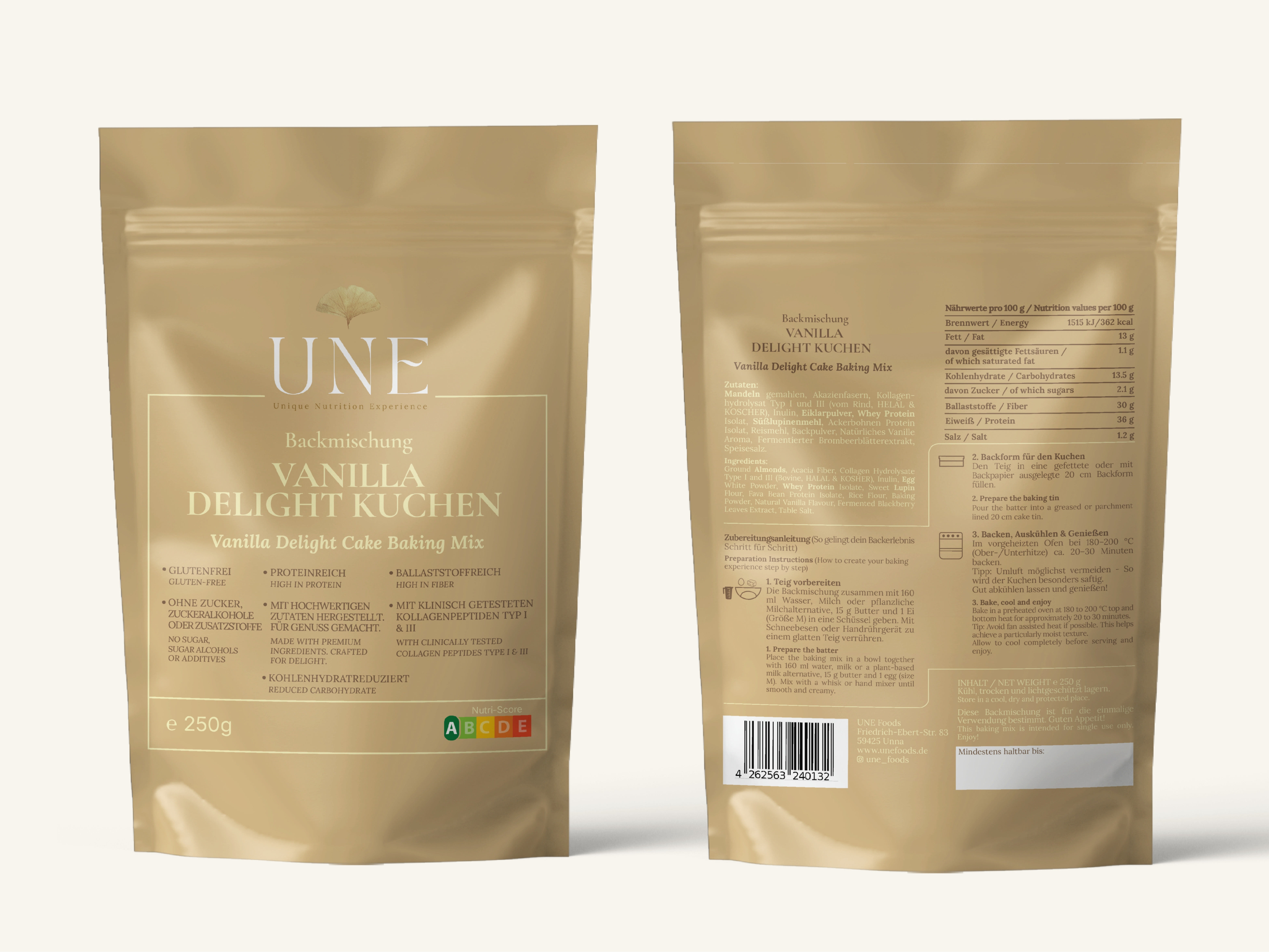 UNE Foods Vanilla Delight – Low-Carb-Kuchenbackmischung 250 g