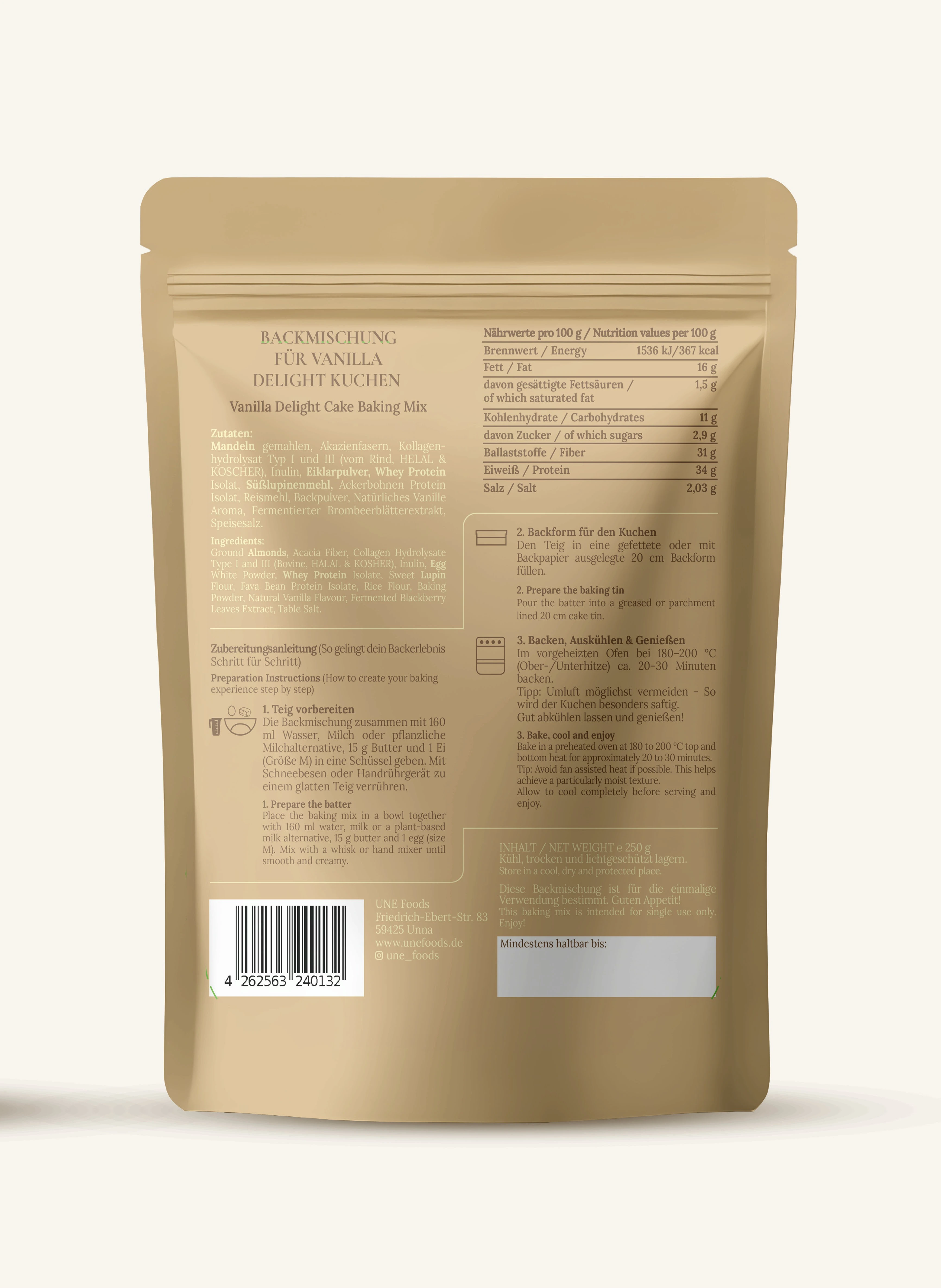 Rückseite der Vanilla Delight Kuchen Backmischung von UNE Foods mit Nährwertangaben, Zubereitung und Produktinformationen