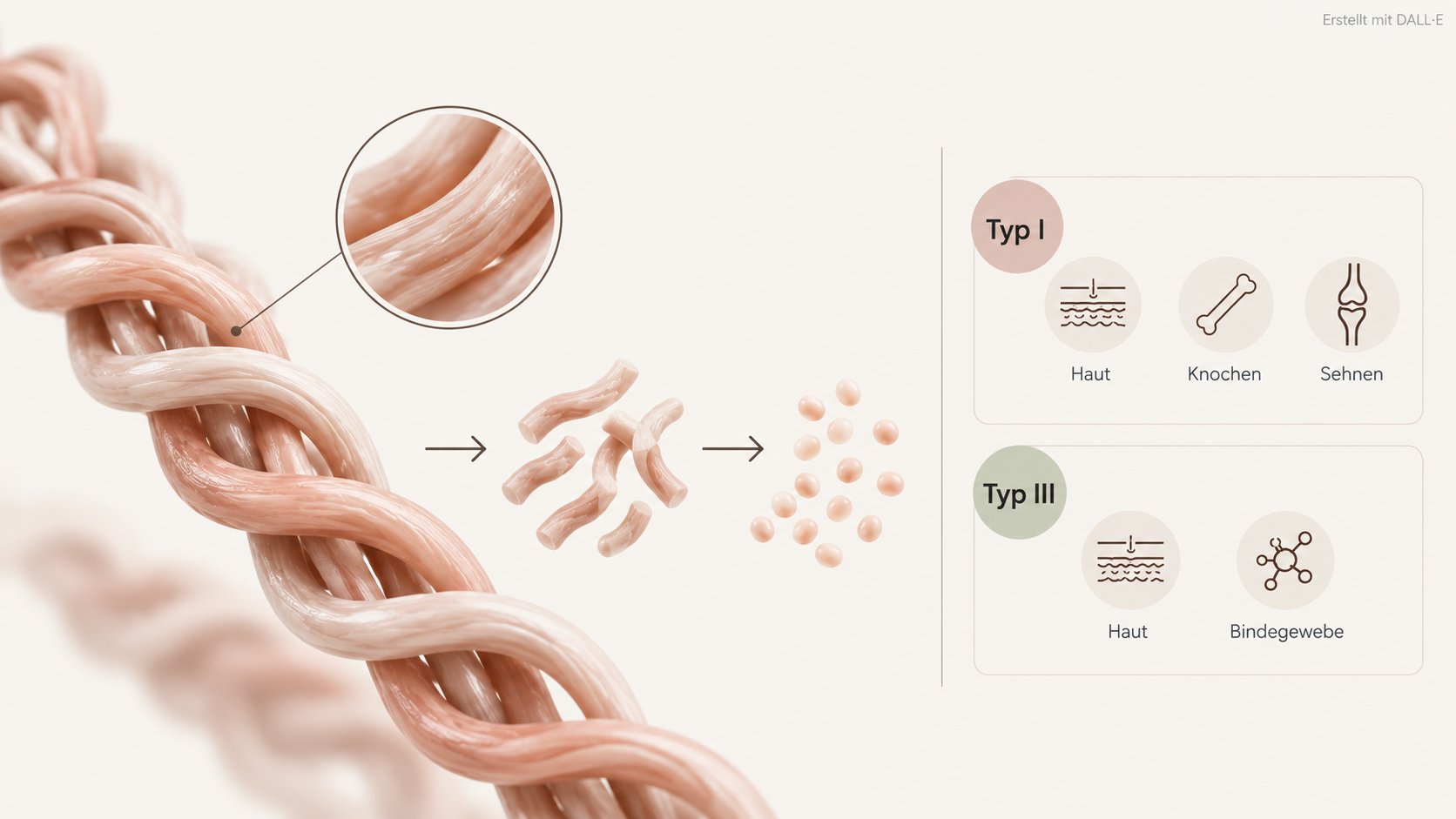 Kollagen Typ I und III sowie Kollagenpeptide nach Hydrolyse – schematische Darstellung