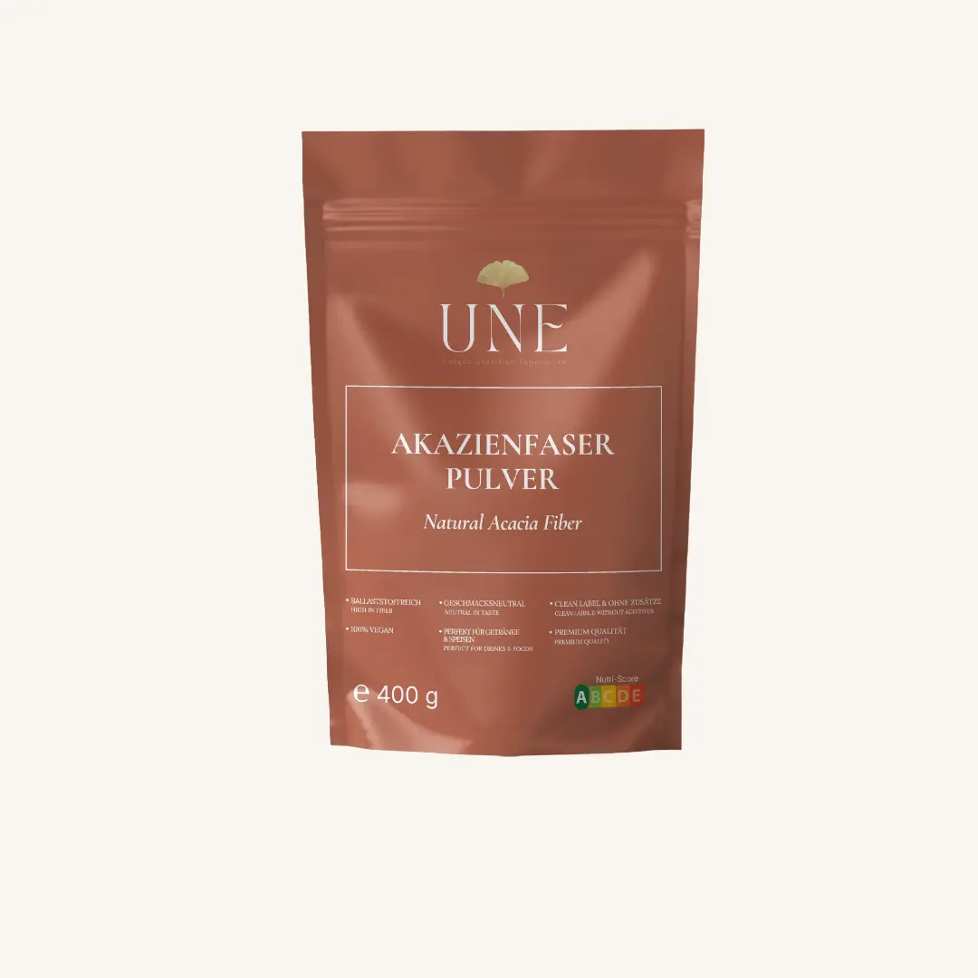UNE Foods Akazienfaser Pulver 400 g in wiederverschließbarer Verpackung – ballaststoffreich, 100 % vegan und ideal für Getränke und Speisen.