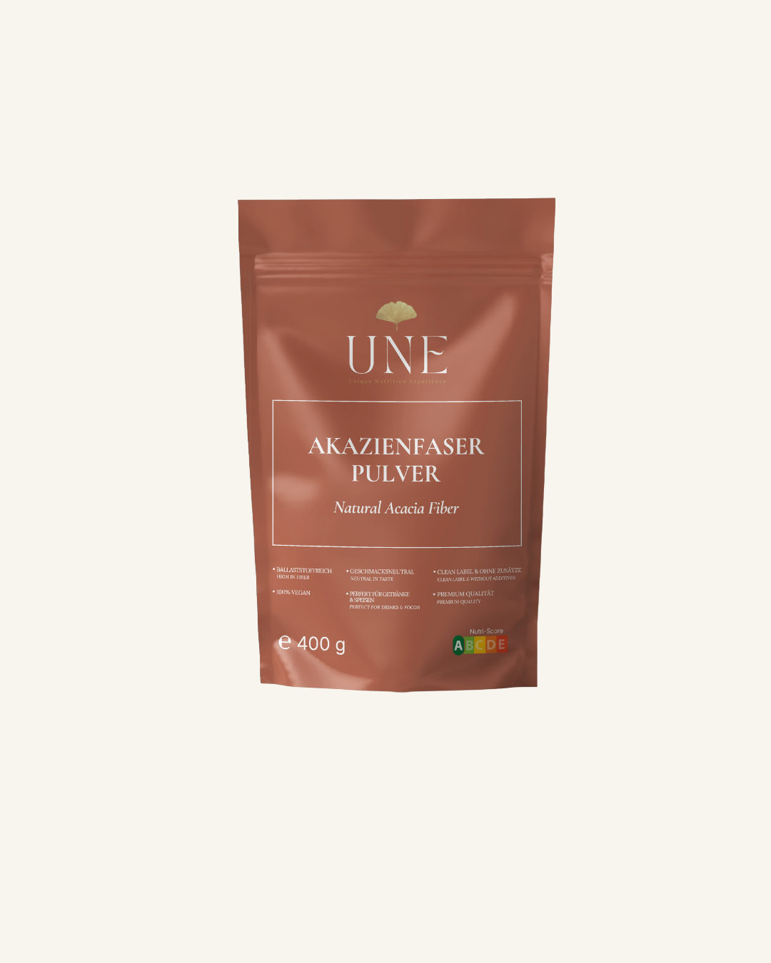 UNE Foods Akazienfaser Pulver 400 g in wiederverschließbarer Verpackung – ballaststoffreich, 100 % vegan und ideal für Getränke und Speisen.