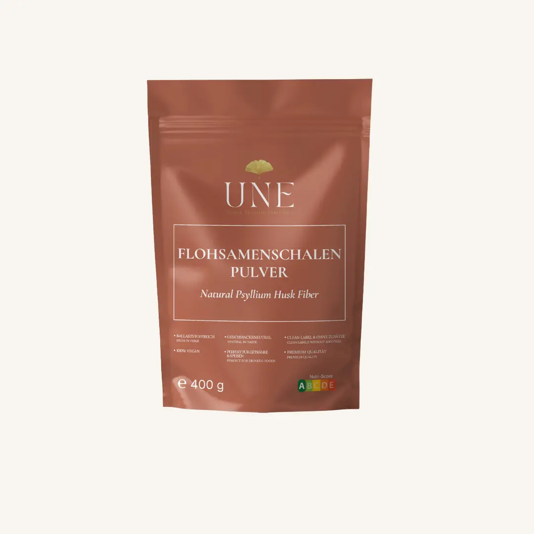 UNE Foods Flohsamenschalenpulver 400 g – veganes, geschmacksneutrales Pulver mit 90 g Ballaststoffen pro 100 g.