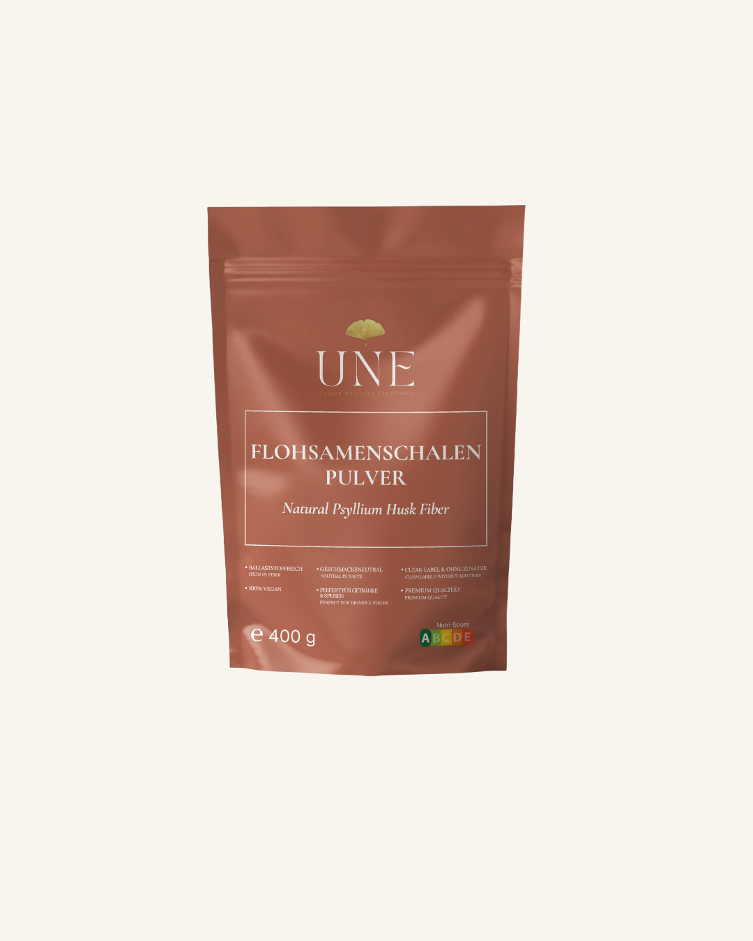 UNE Foods Flohsamenschalenpulver 400 g – veganes, geschmacksneutrales Pulver mit 90 g Ballaststoffen pro 100 g.