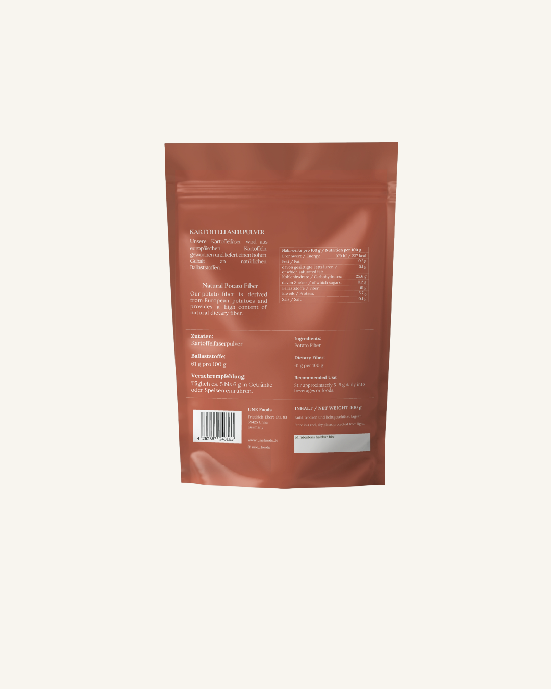 Rückseite der UNE Foods Kartoffelfaser Pulver 400-g-Packung mit Zutaten, Nährwerttabelle, Ballaststoffgehalt und Verzehrempfehlung.