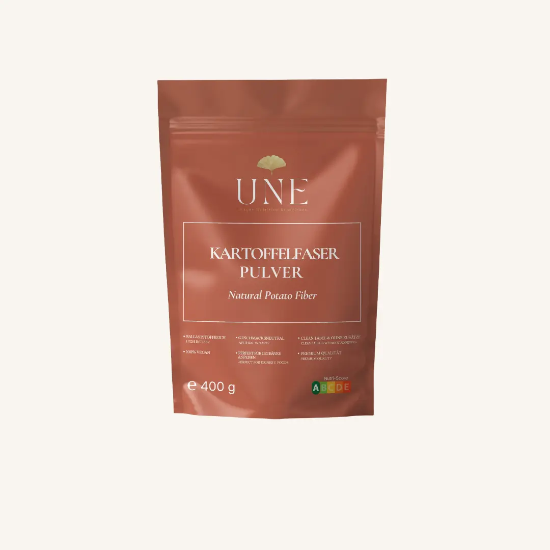 UNE Foods Kartoffelfaser Pulver in der 400-g-Packung – ballaststoffreich mit 61 g Ballaststoffen pro 100 g, vegan und ohne Zusatzstoffe.
