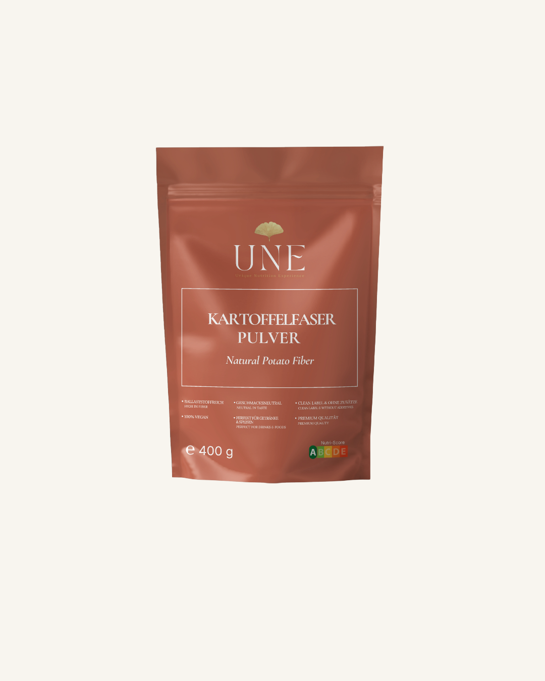 UNE Foods Kartoffelfaser Pulver in der 400-g-Packung – ballaststoffreich mit 61 g Ballaststoffen pro 100 g, vegan und ohne Zusatzstoffe.