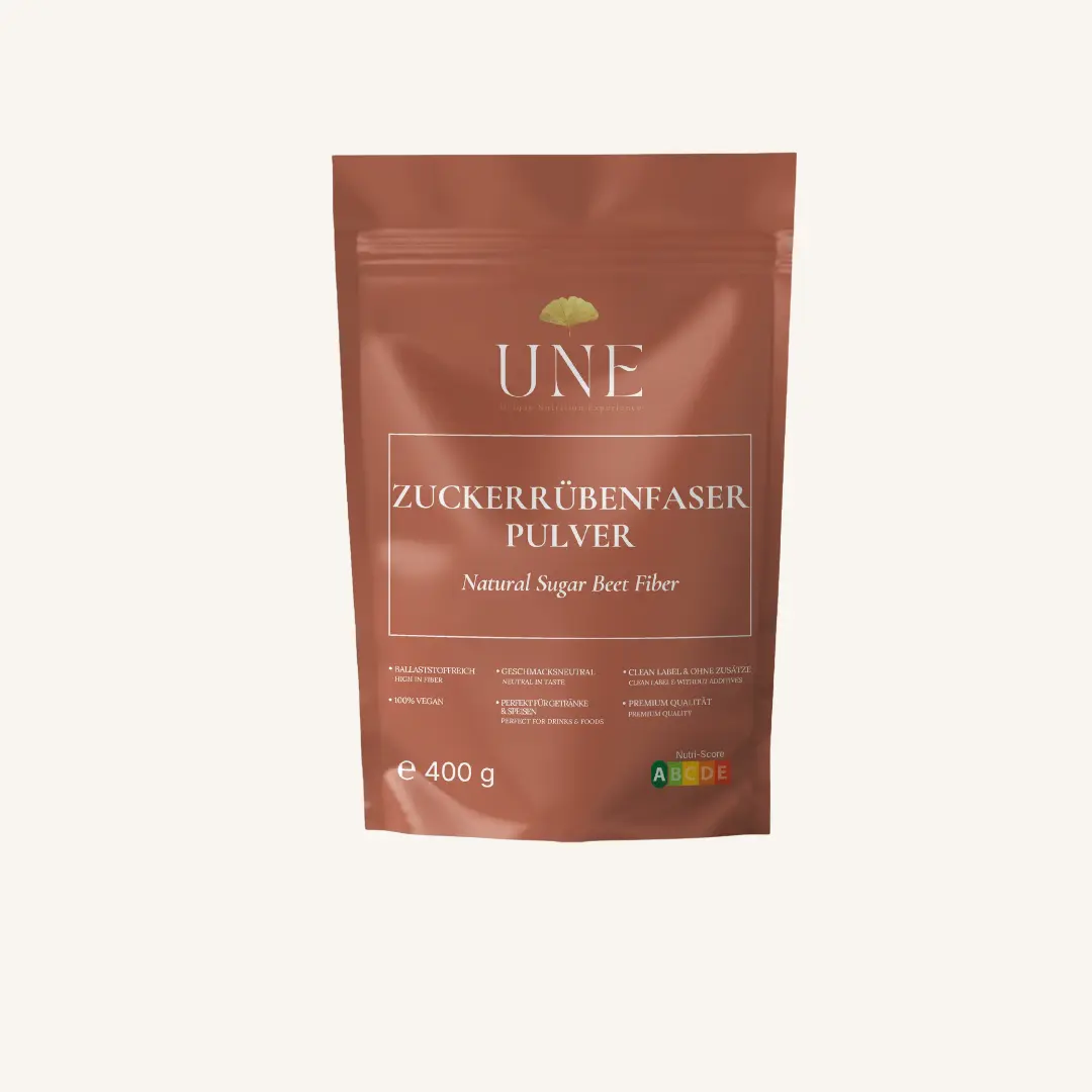 UNE Foods Zuckerrübenfaser Pulver 400 g in wiederverschließbarer Verpackung – mit 77,4 g Ballaststoffen pro 100 g, 100 % vegan und geschmacksneutral.