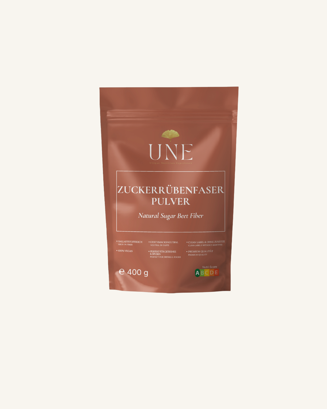 UNE Foods Zuckerrübenfaser Pulver 400 g in wiederverschließbarer Verpackung – mit 77,4 g Ballaststoffen pro 100 g, 100 % vegan und geschmacksneutral.